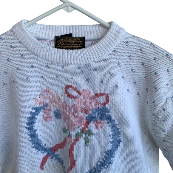Vintage Eddie Bauer Womens Sweater Large Heart Floral Short Sleeve Grandma 1989 - Picture 2 of 5
